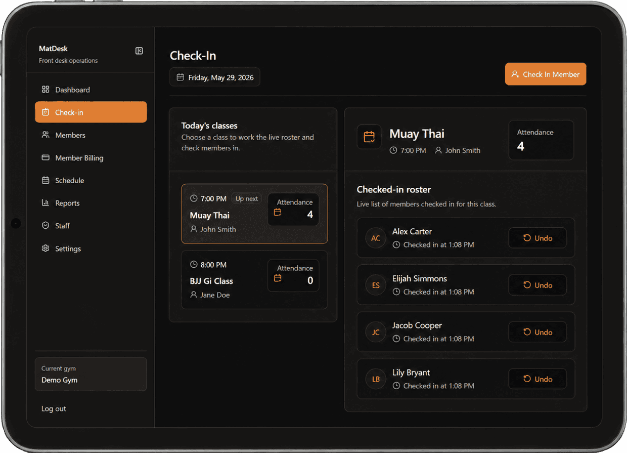 MatDesk check-in screen shown on a tablet
